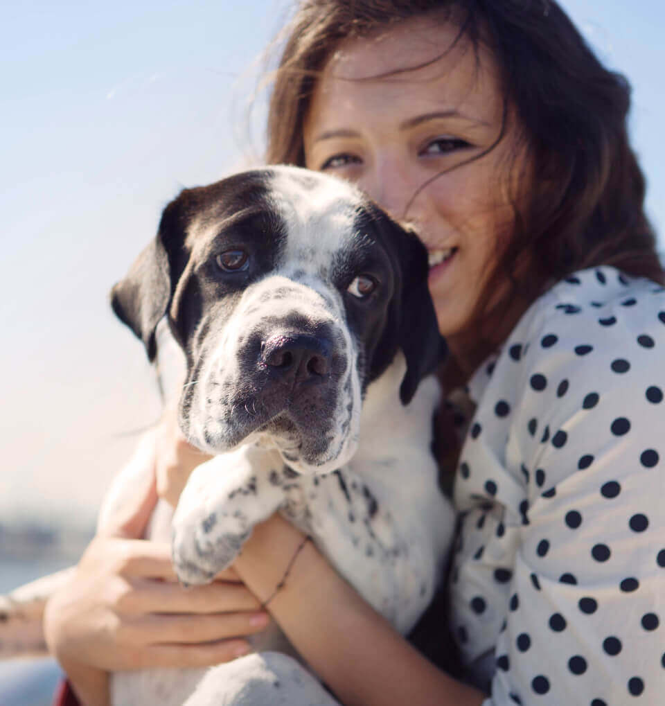 Black and white dog in arms of a young woman smiling, wearing a black and white polka dot top